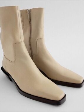 Zara Beige Leather Mid-Calf Boots with Black Sole